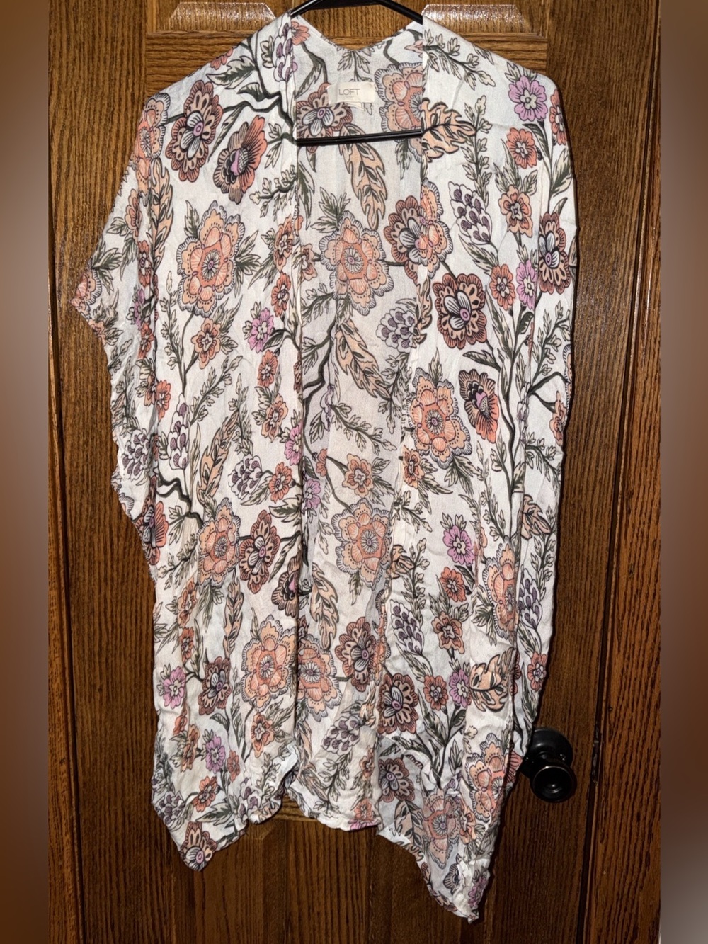LOFT Floral Open-Front Tunic - White with Pink & Peach Blossoms
